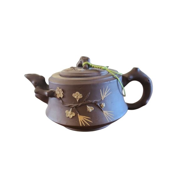 Vintage Chinese Yixing Zisha Clay Teapot With Bamboo & Floral Design Handcrafted - Picture 1 of 4